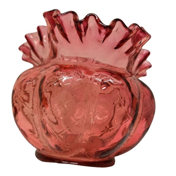5" Fenton Cranberry Glass Vase Diamond Pattern Ruffled Edge - Picture 6 of 8